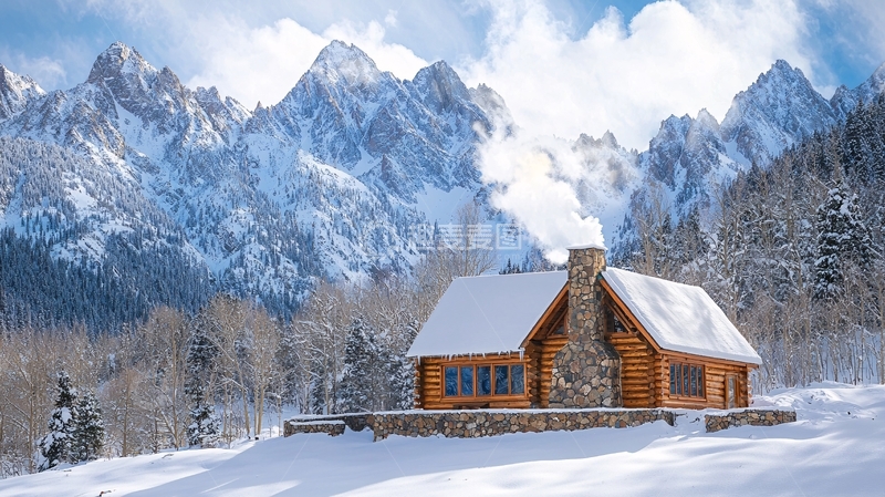 高清大图下载【趣麦麦图】雪山木屋