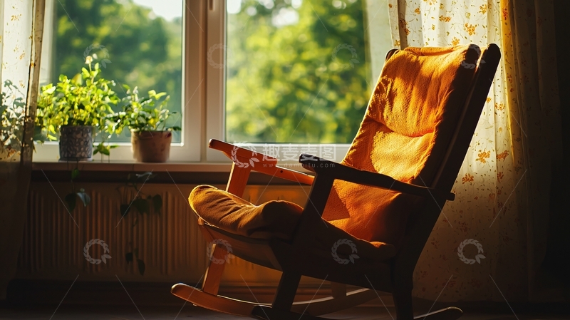 高清大图下载【趣麦麦图】阳光透过窗户照射摇椅