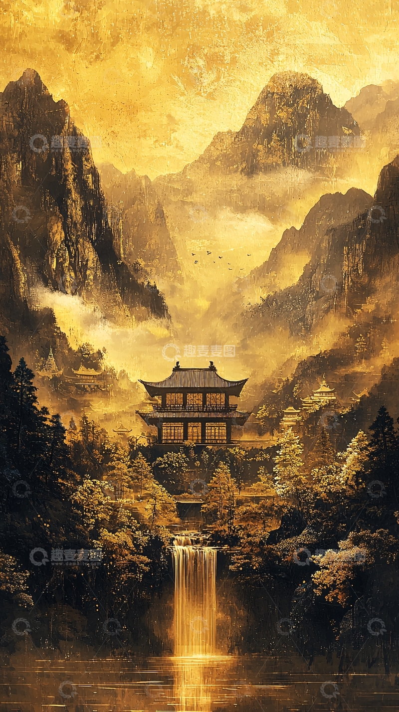 高清大图下载【趣麦麦图】金色山峦古寺瀑布