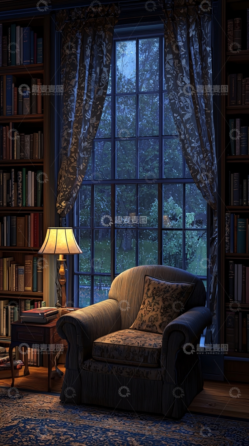 高清大图下载【趣麦麦图】雨夜书房温馨舒适的座椅