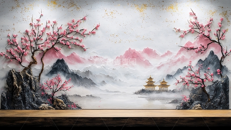 高清大图下载【趣麦麦图】水墨山水桃花意境背景墙
