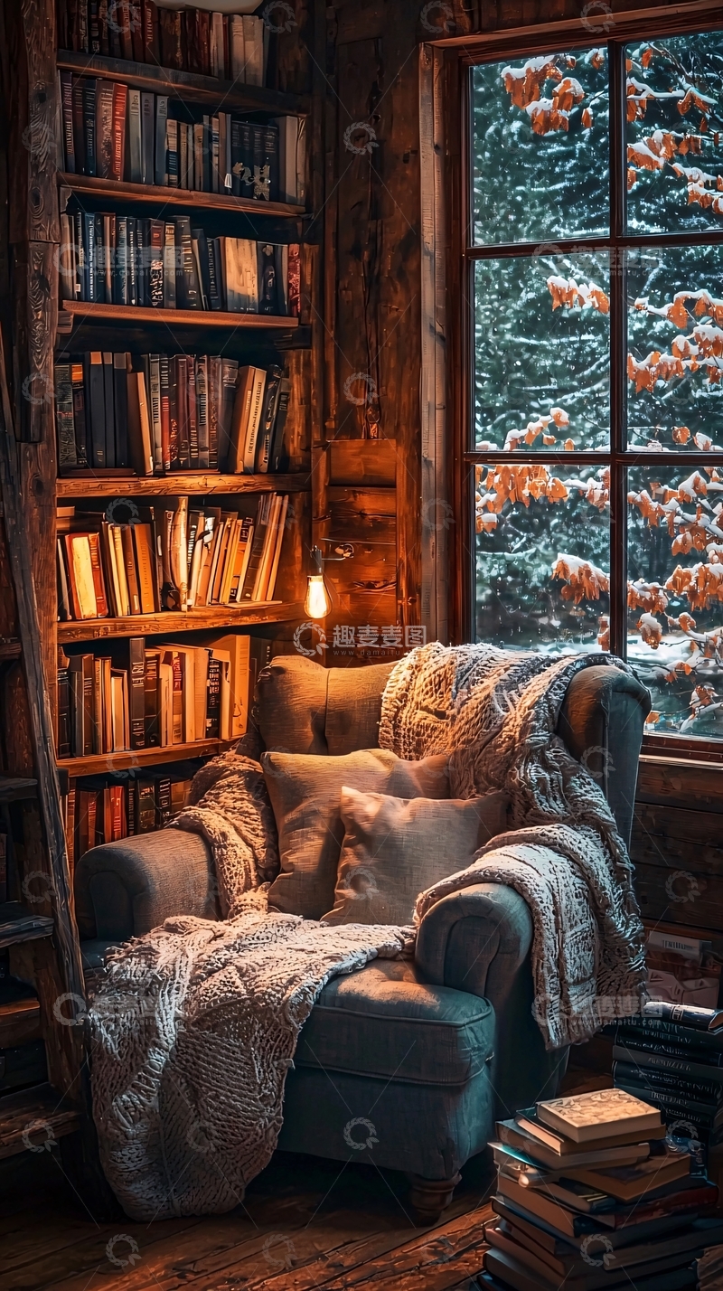 高清大图下载【趣麦麦图】冬日暖阳下的舒适阅读角