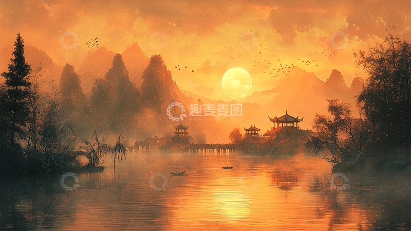 高清大图下载【趣麦麦图】日落山水画
