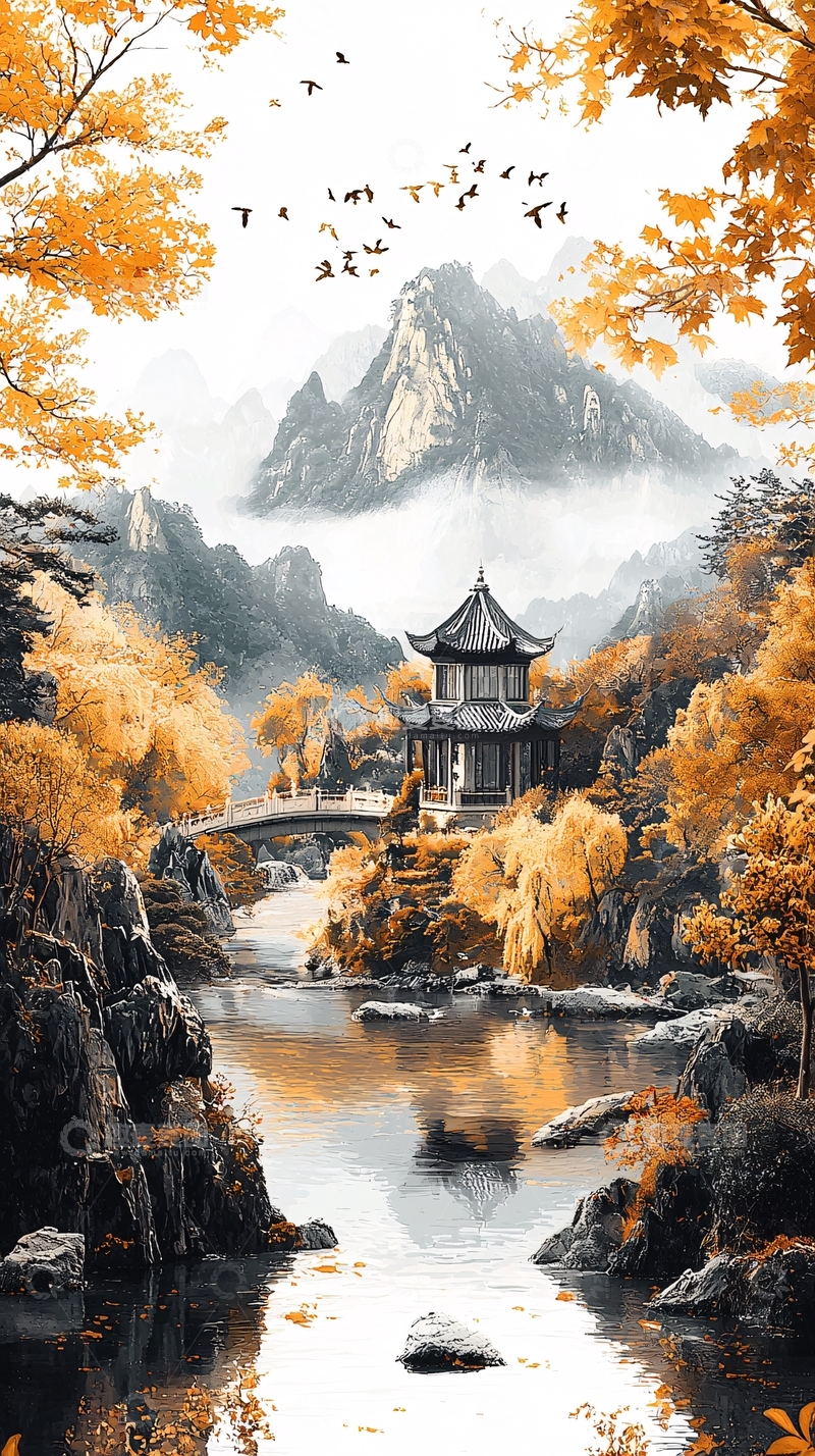 高清大图下载【趣麦麦图】秋色山水亭台楼阁飞鸟