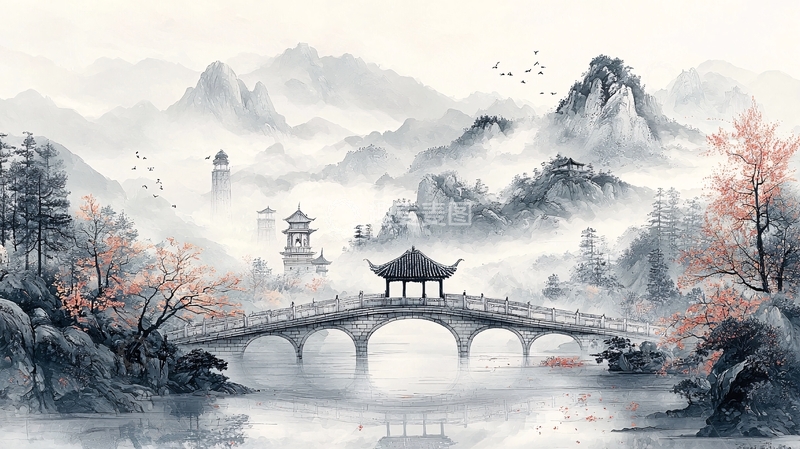 高清大图下载【趣麦麦图】水墨山水桥梁风景