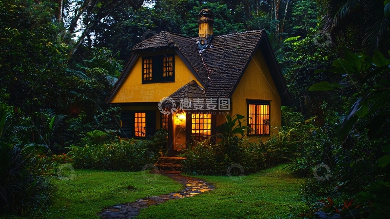 高清大图下载【趣麦麦图】森林小屋夜景