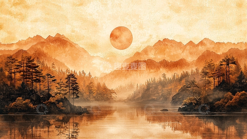 高清大图下载【趣麦麦图】水墨山水日落景象