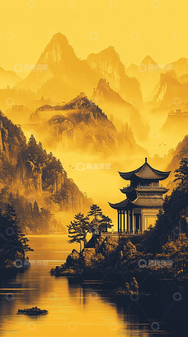 高清大图下载【趣麦麦图】金色山水间的中国楼阁