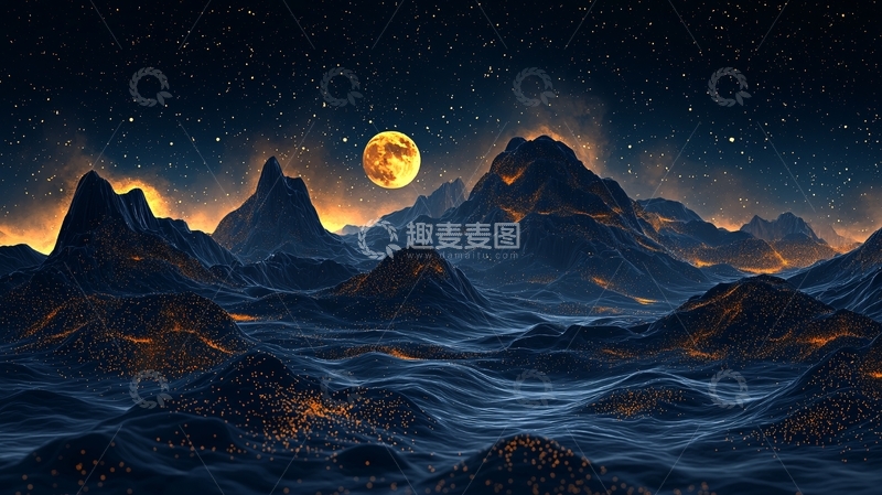 高清大图下载【趣麦麦图】月亮高挂山顶的夜晚