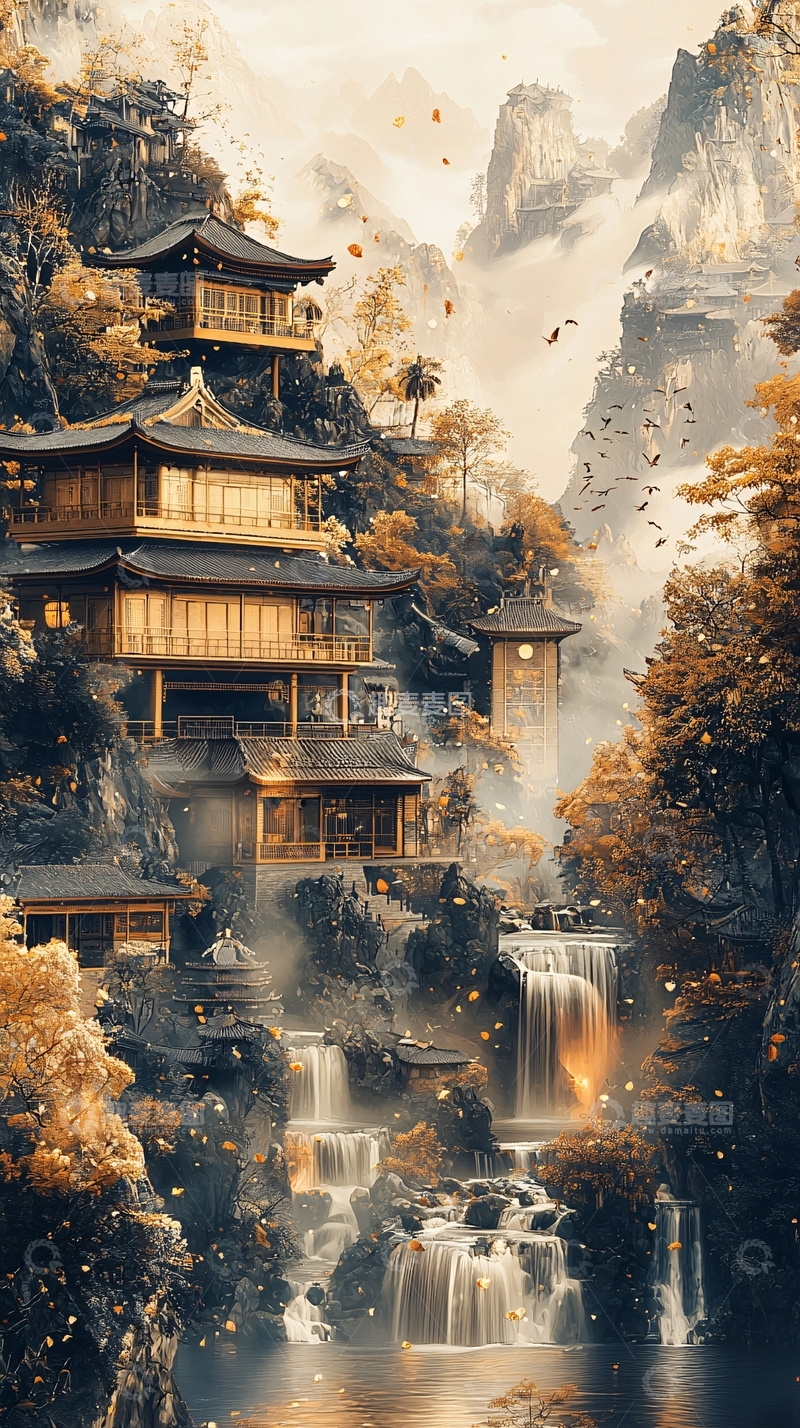 高清大图下载【趣麦麦图】山间古建筑水墨风光