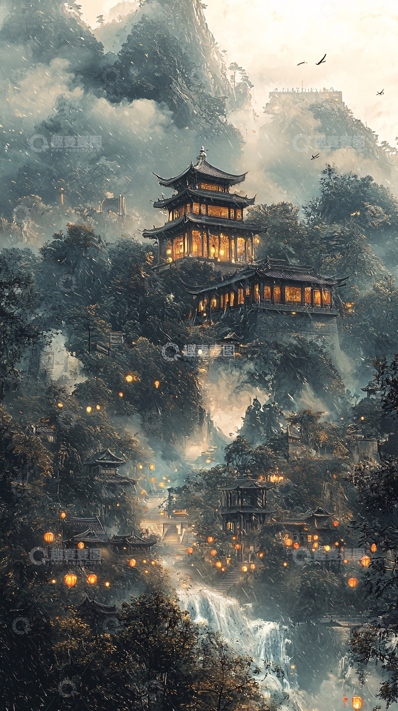 高清大图下载【趣麦麦图】山间古刹夜景唯美氛围