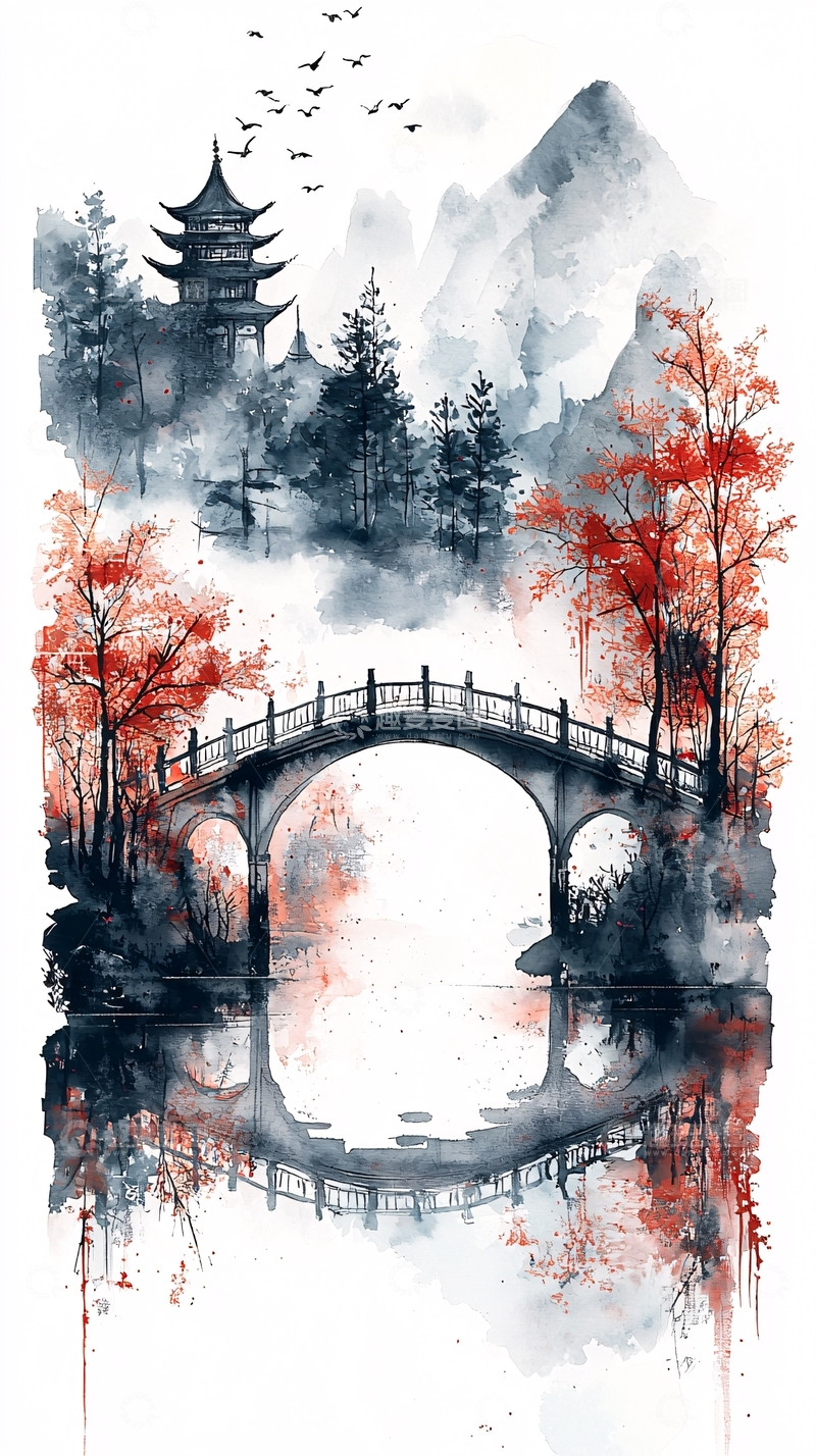 高清大图下载【趣麦麦图】水墨风山水桥梁亭台