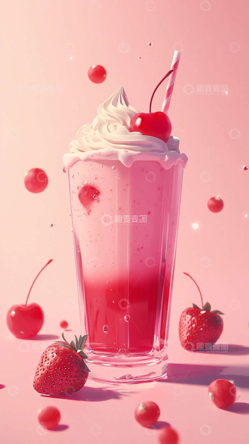 高清大图下载【趣麦麦图】粉色系草莓樱桃奶昔