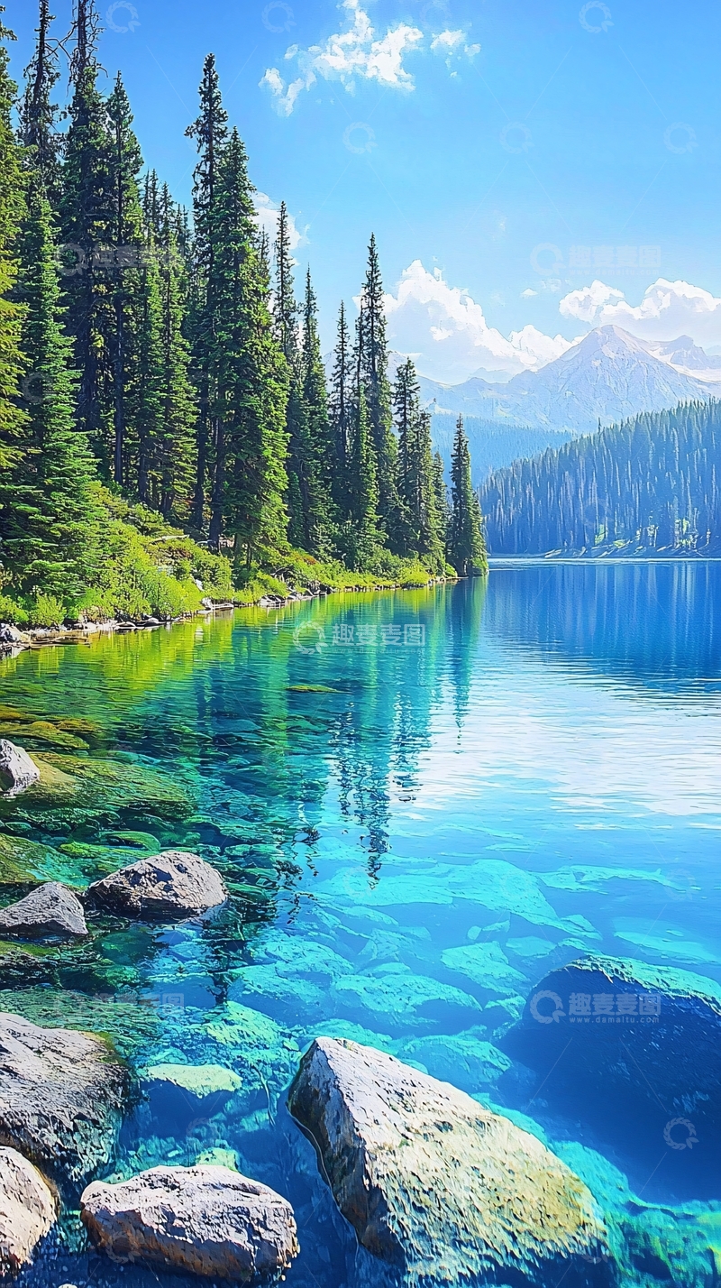 高清大图下载【趣麦麦图】清澈湖水环绕着茂密森林