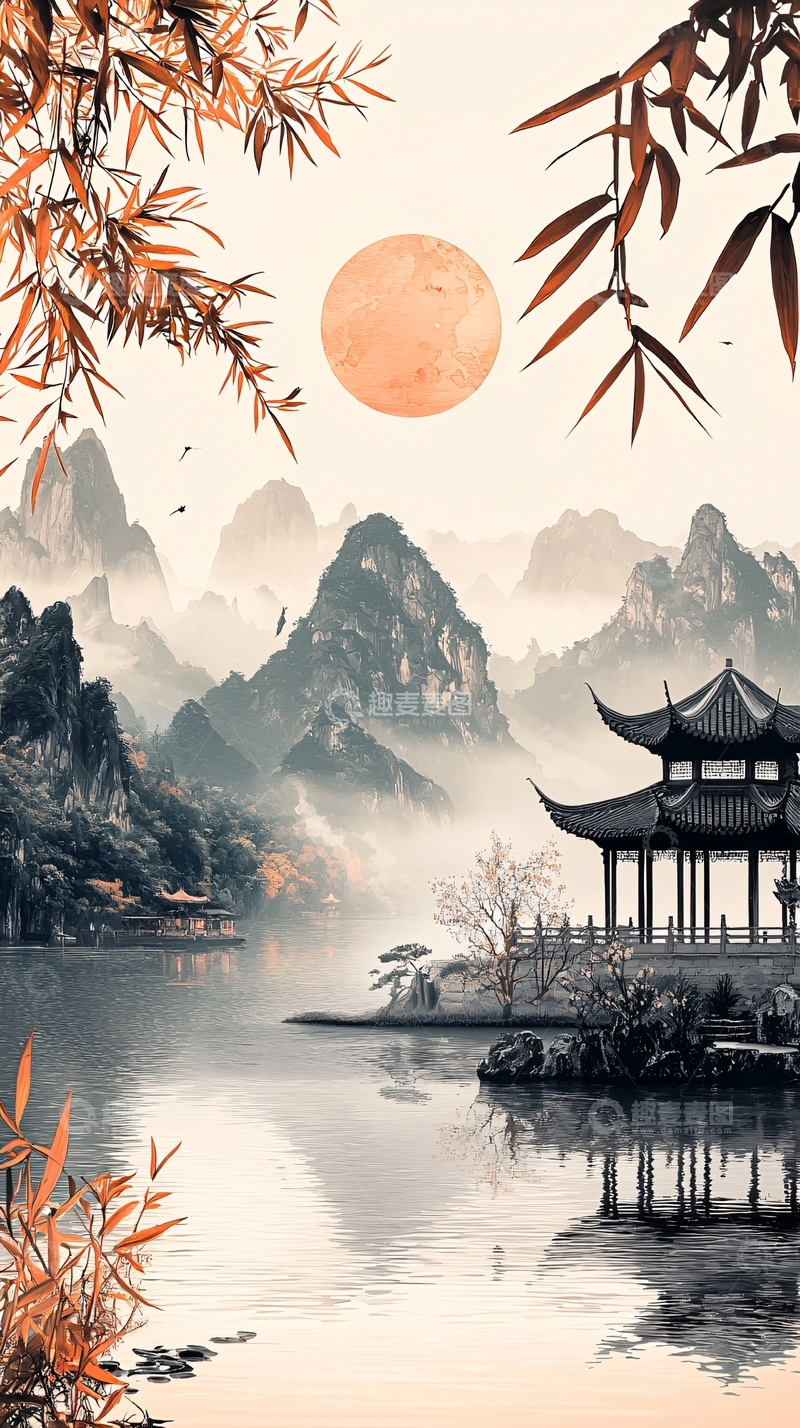 高清大图下载【趣麦麦图】水墨山水亭台楼阁意境图
