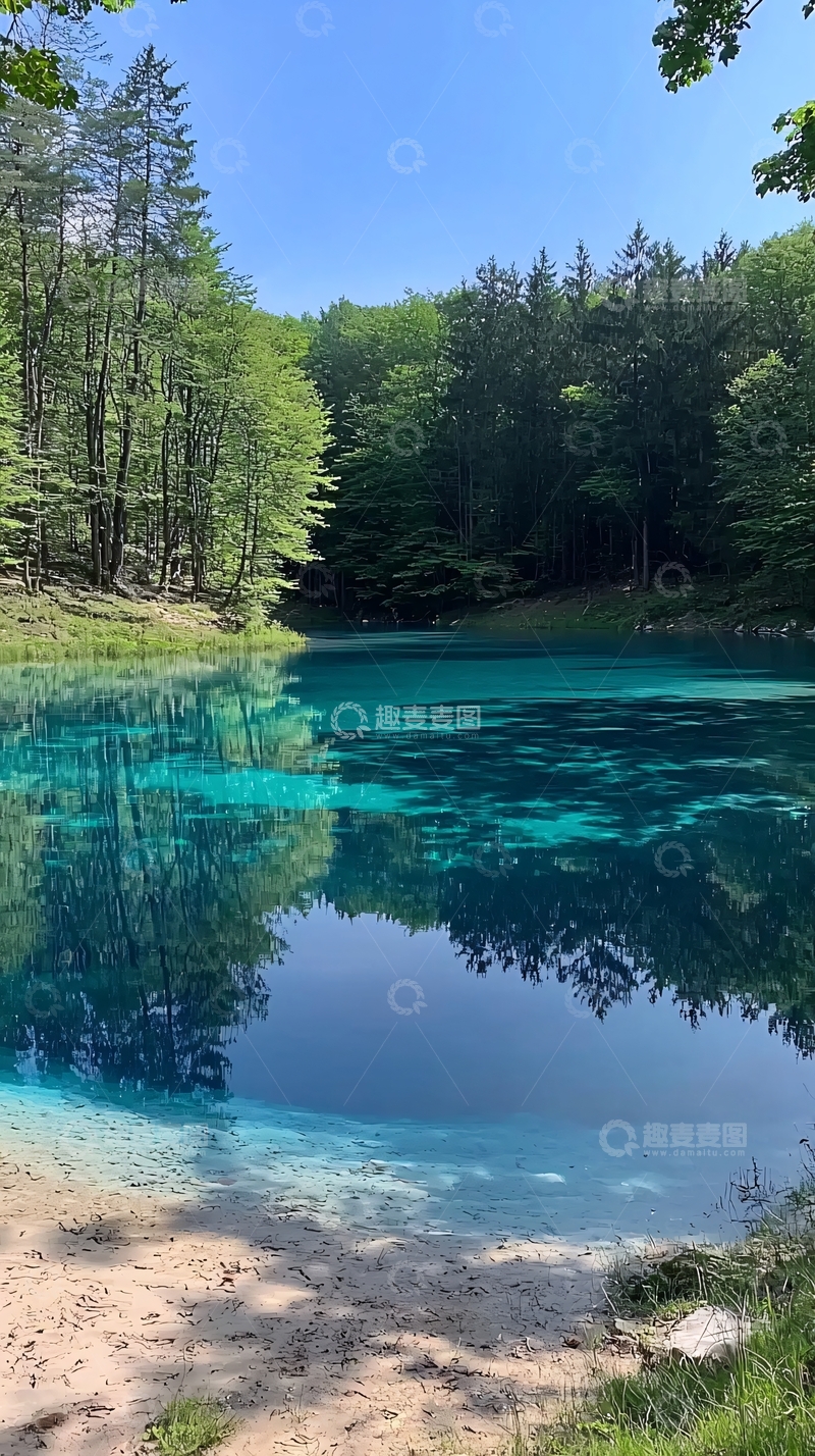 高清大图下载【趣麦麦图】森林环绕的清澈碧蓝湖泊