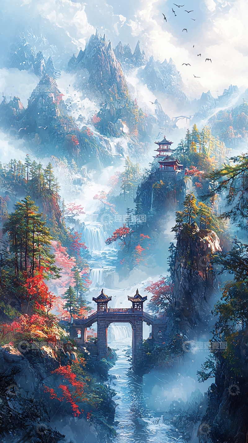 高清大图下载【趣麦麦图】水墨画风山水风景