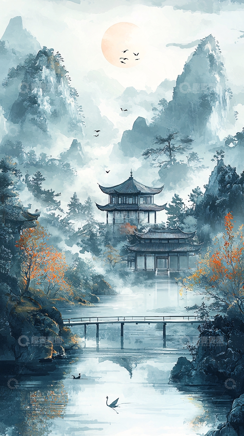 高清大图下载【趣麦麦图】水墨风山水亭台楼阁