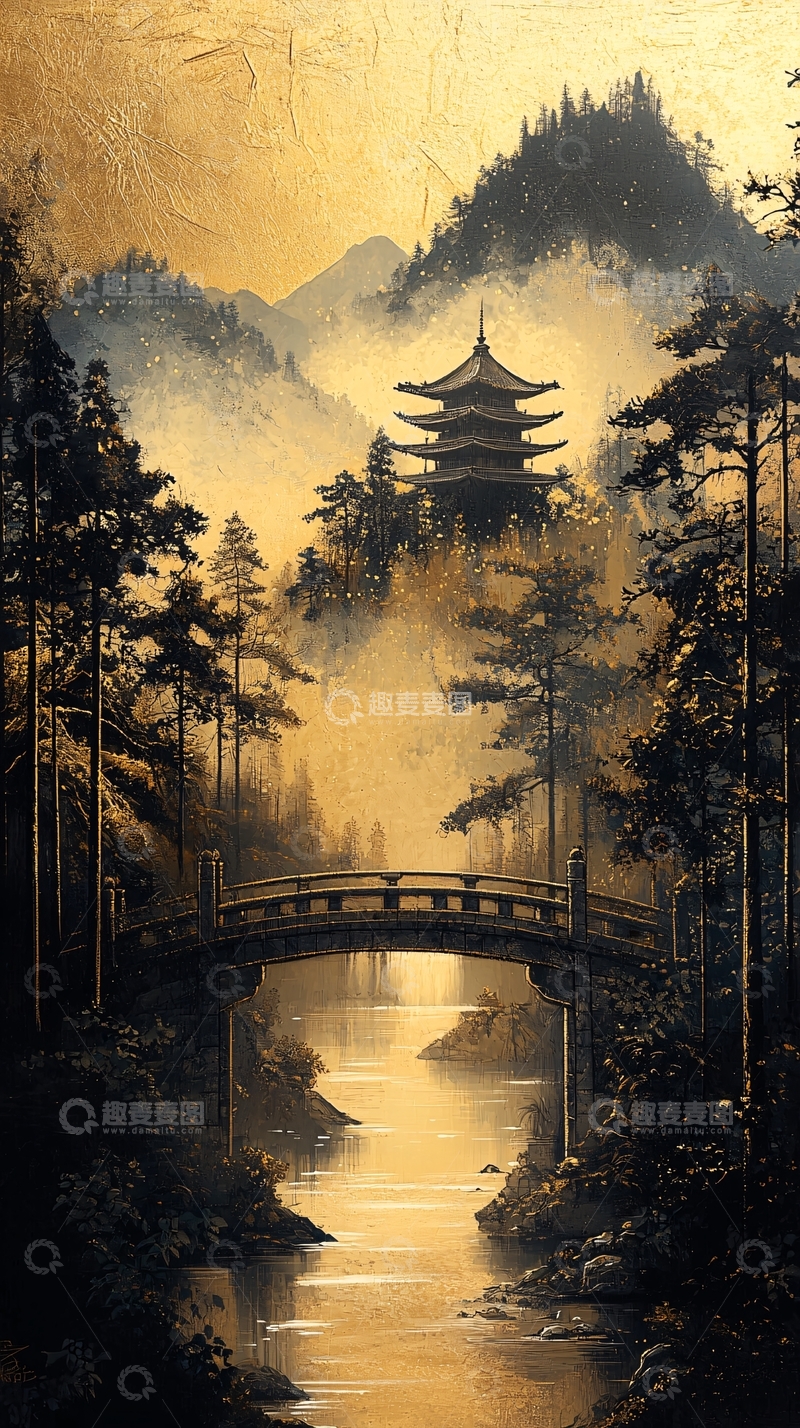 高清大图下载【趣麦麦图】水墨画风的东方宝塔意境