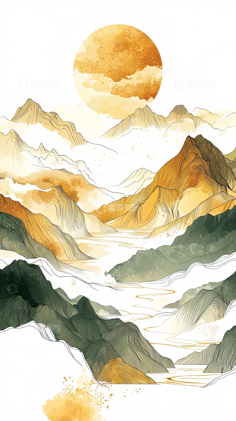 高清大图下载【趣麦麦图】水墨山水金色太阳云雾缭绕