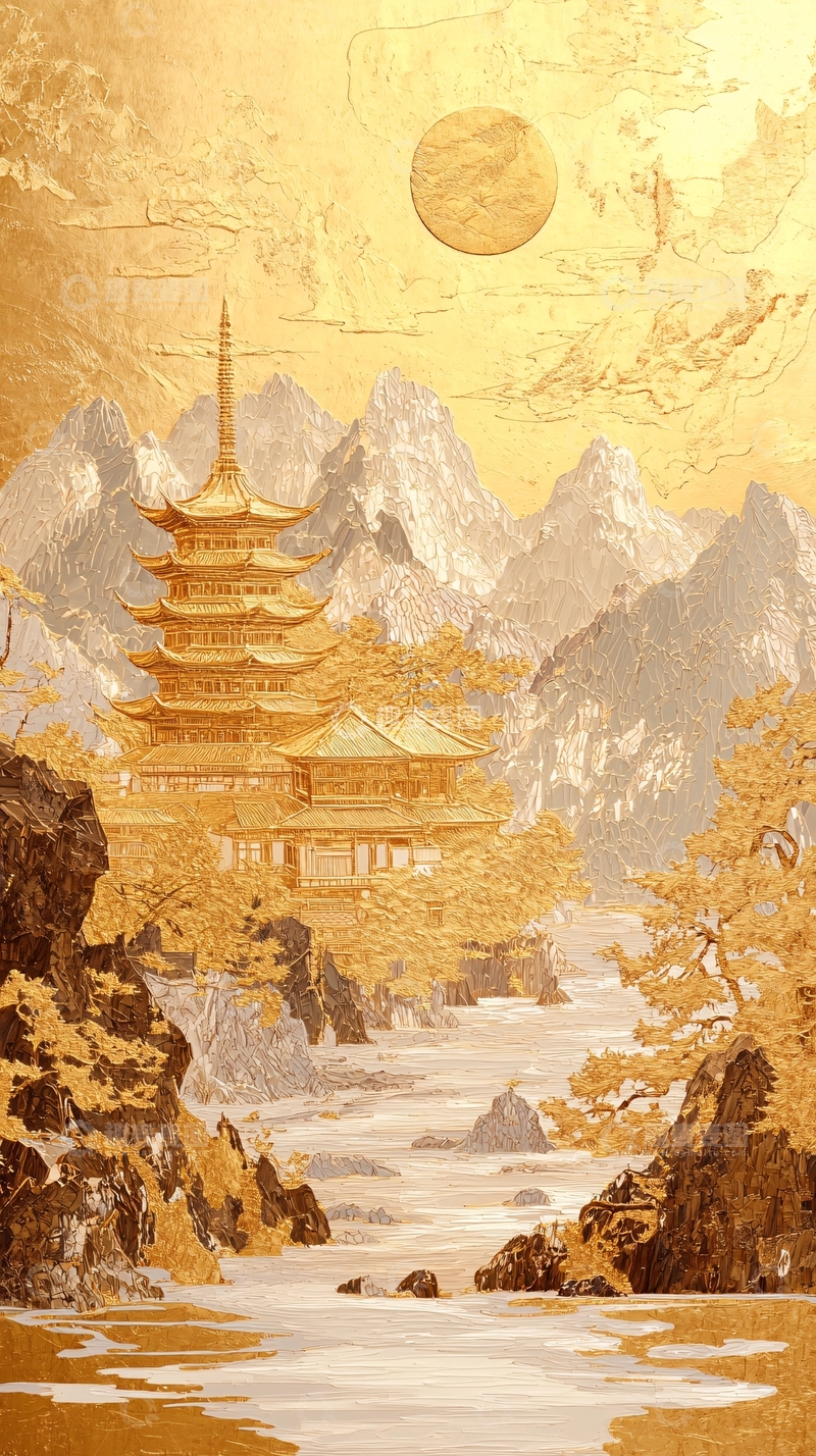 高清大图下载【趣麦麦图】金色塔楼山水画