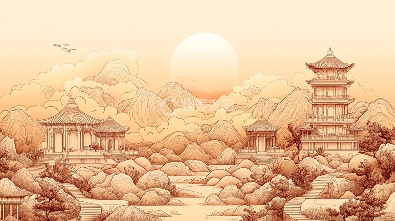高清大图下载【趣麦麦图】日出山景中国风建筑