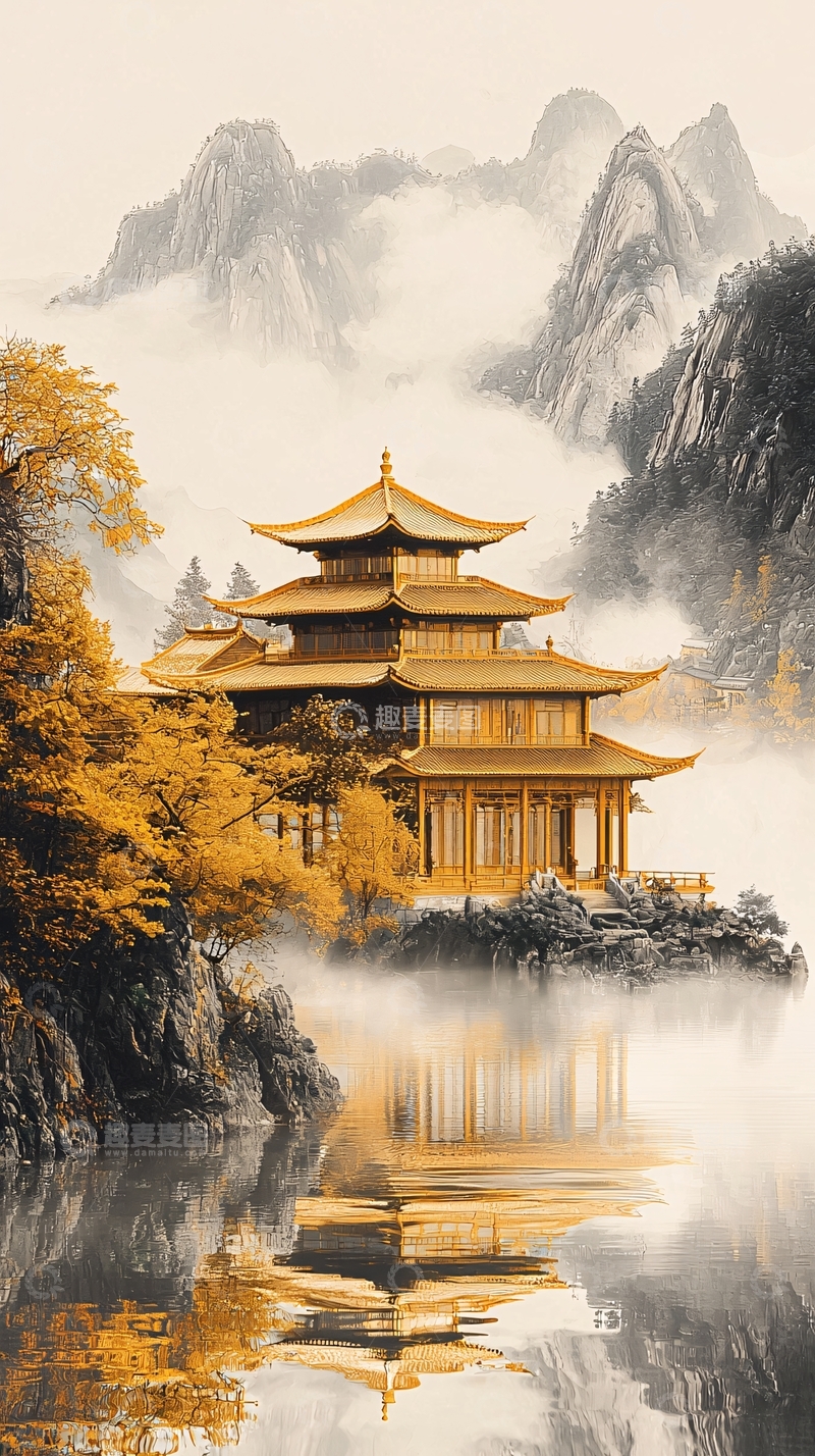 高清大图下载【趣麦麦图】金色古建筑山水画