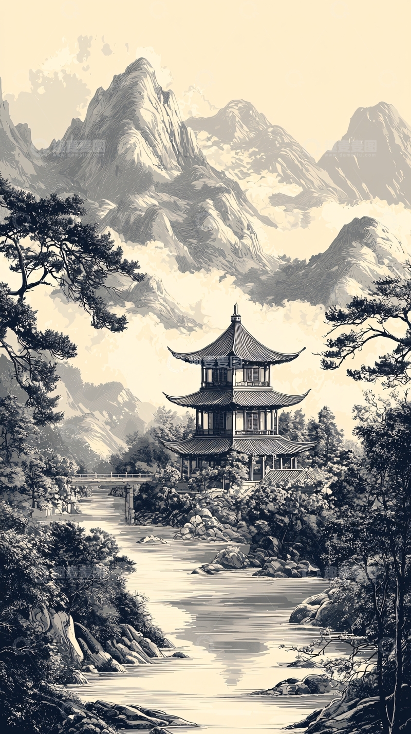 高清大图下载【趣麦麦图】水墨风山水古建筑