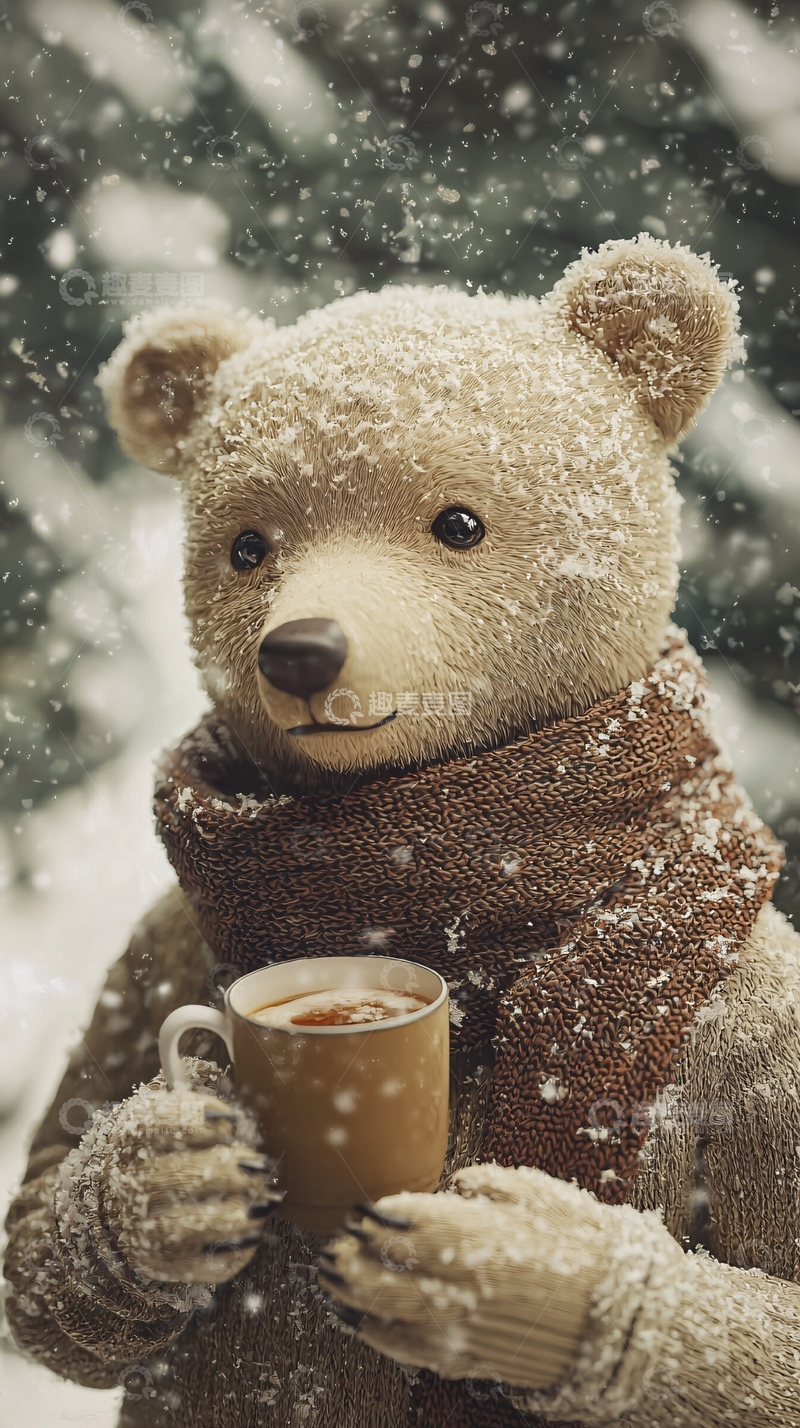 高清大图下载【趣麦麦图】戴围巾的泰迪熊喝热饮