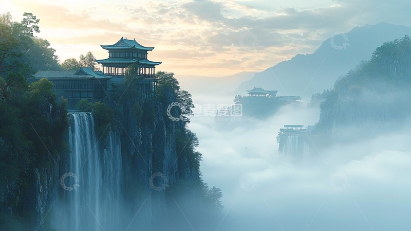 高清大图下载【趣麦麦图】仙境般山崖上的寺庙