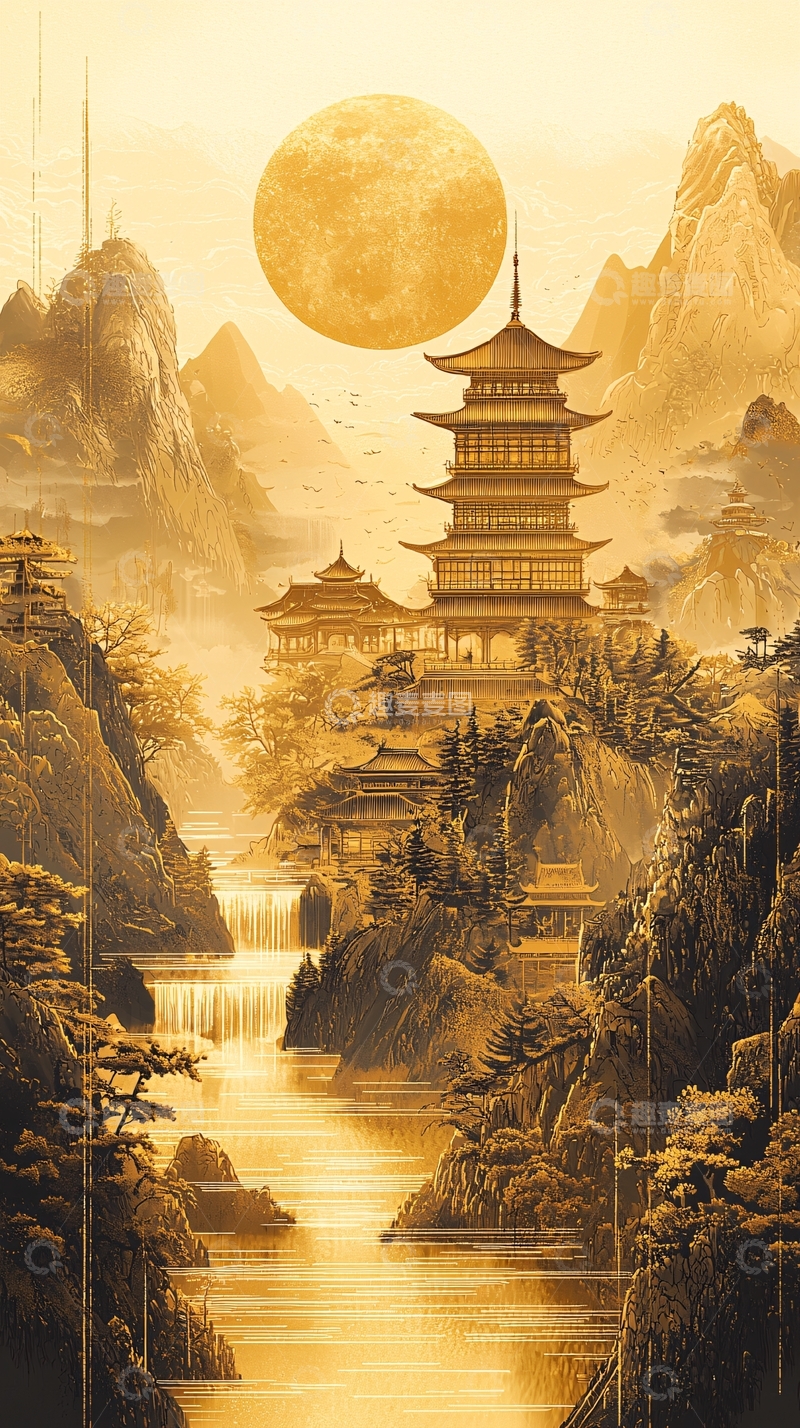 高清大图下载【趣麦麦图】金色山水画