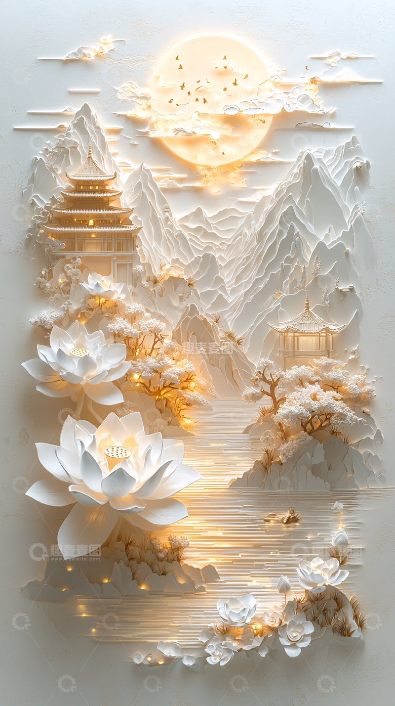 高清大图下载【趣麦麦图】白色浮雕山水画