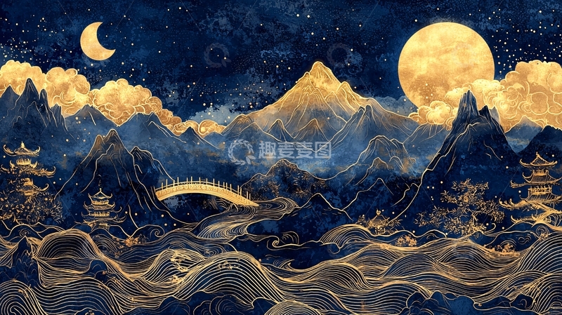 高清大图下载【趣麦麦图】金色山峦下的月夜景色