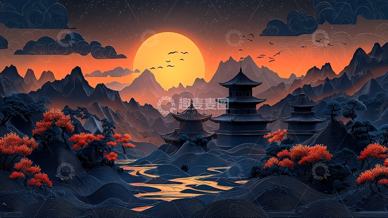 高清大图下载【趣麦麦图】东方意境日落下的塔