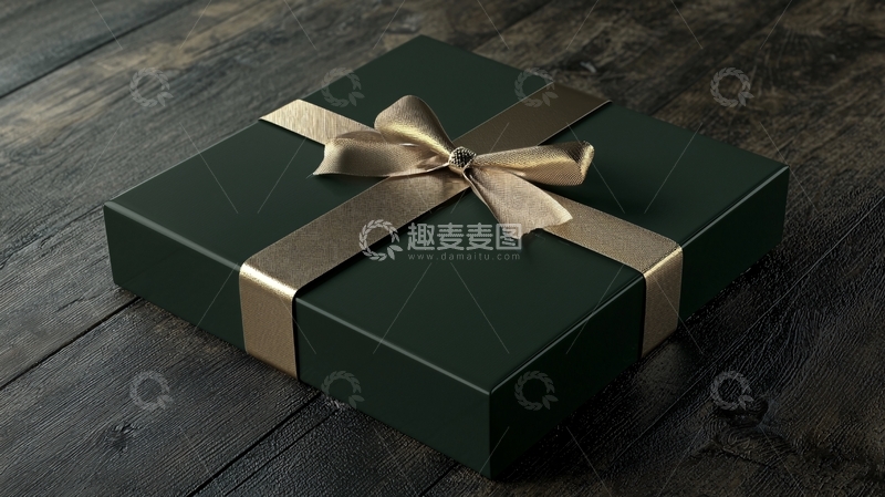 高清大图下载【趣麦麦图】深绿色礼盒金色丝带