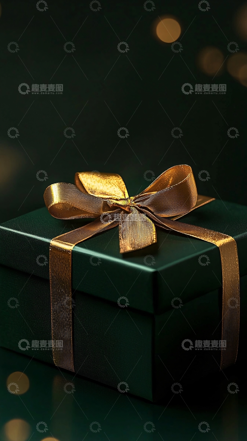 高清大图下载【趣麦麦图】深绿色礼盒金色丝带
