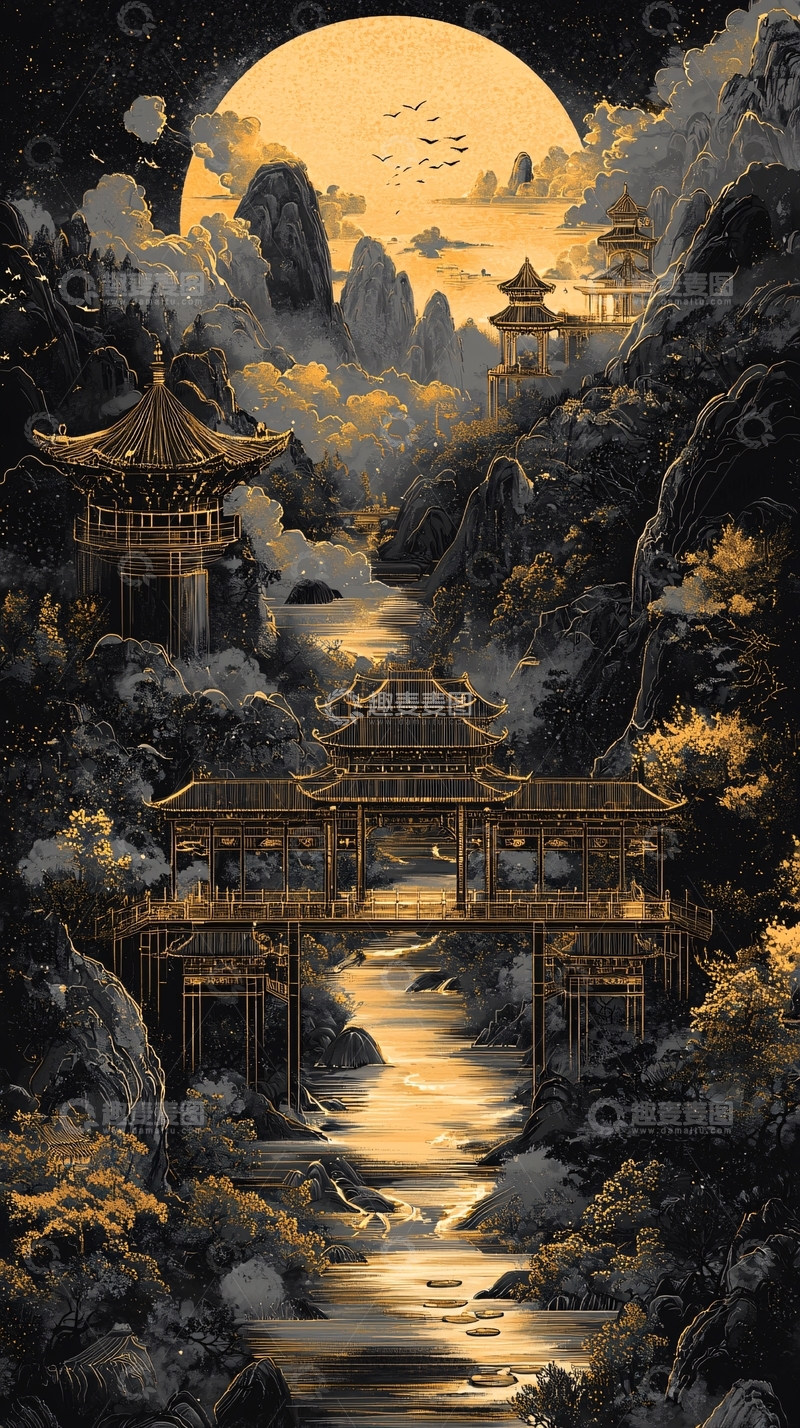 高清大图下载【趣麦麦图】水墨风金色月亮下的古建筑