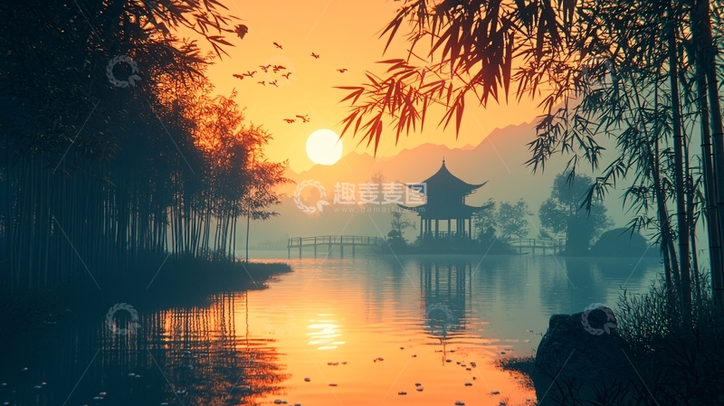 高清大图下载【趣麦麦图】湖边亭台日落竹林唯美风景