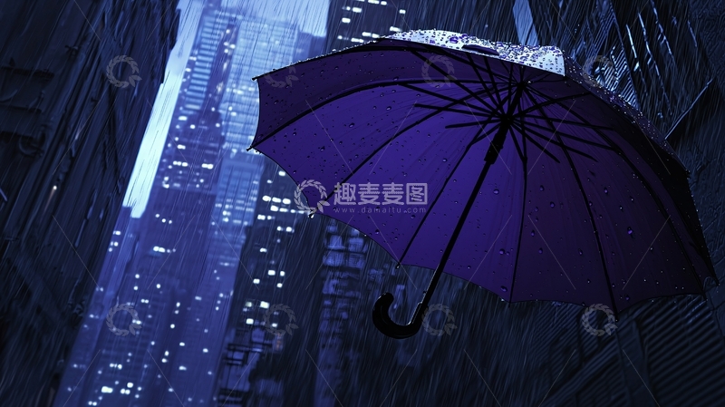 高清大图下载【趣麦麦图】雨夜城市紫伞