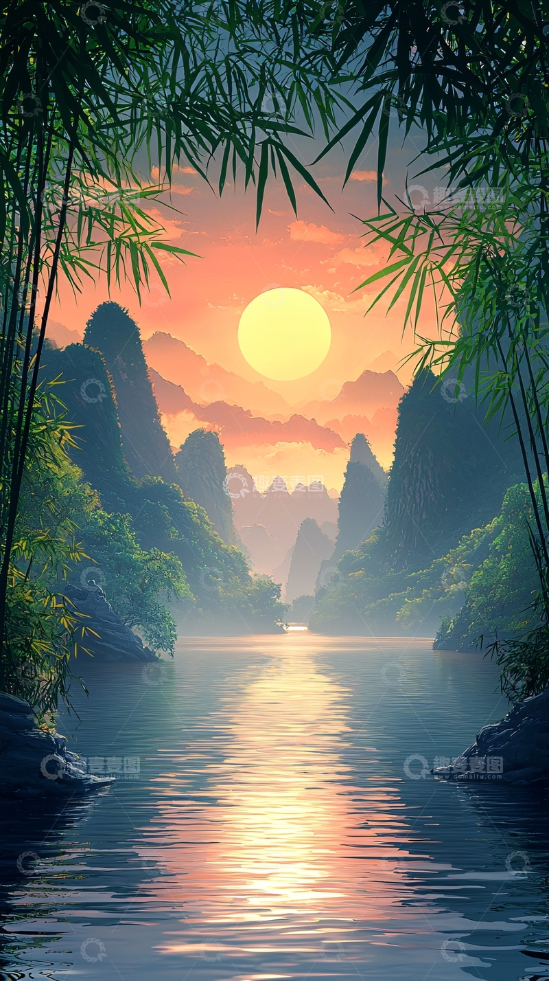 高清大图下载【趣麦麦图】宁静竹林山水日出