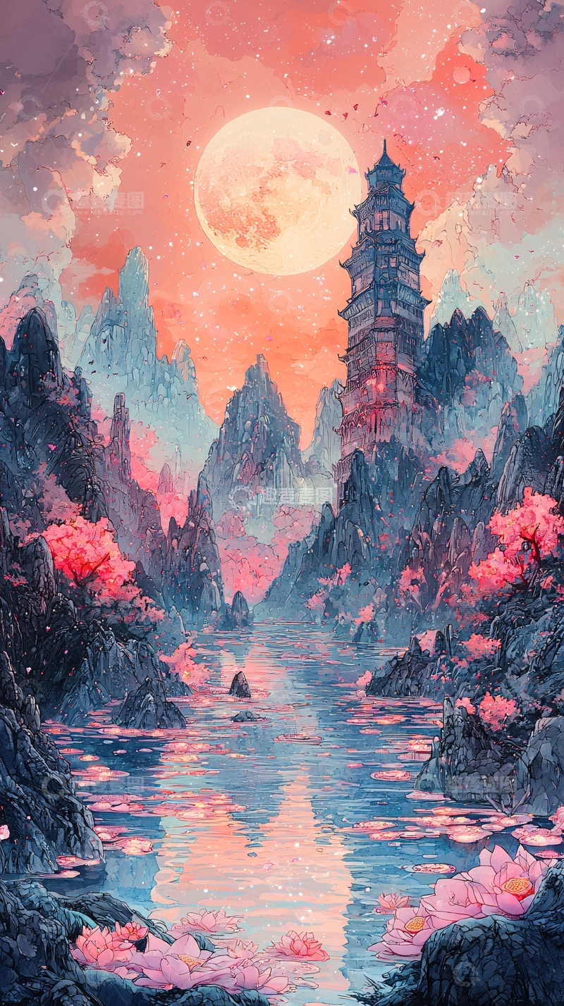 高清大图下载【趣麦麦图】梦幻山水楼阁月夜