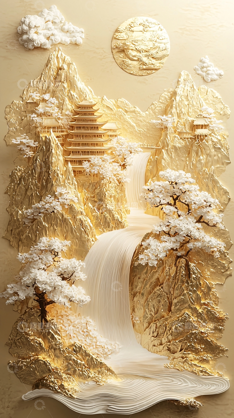 高清大图下载【趣麦麦图】-金色山水画