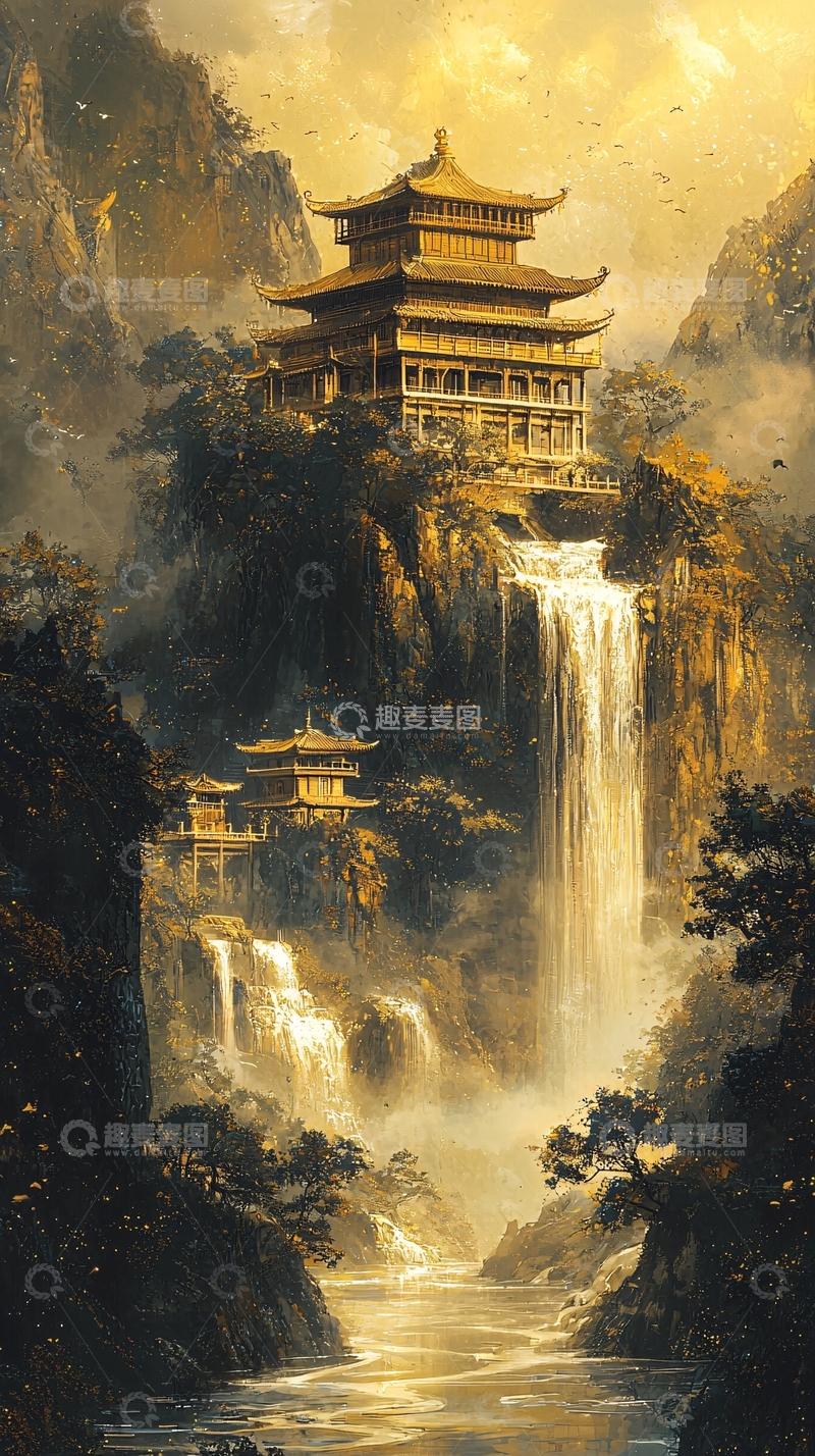 高清大图下载【趣麦麦图】山顶金色寺庙瀑布
