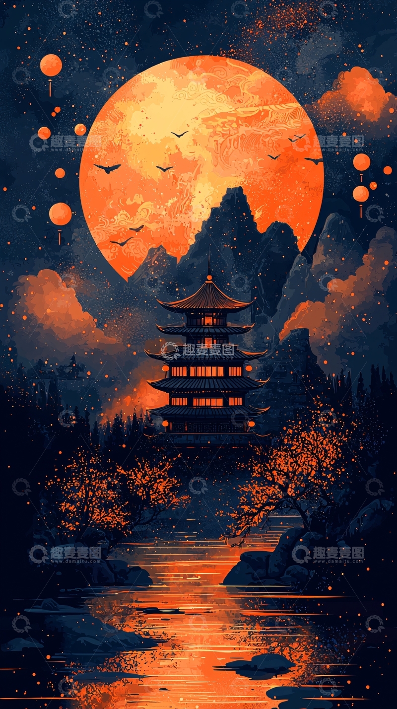 高清大图下载【趣麦麦图】月夜下的东方宝塔景色