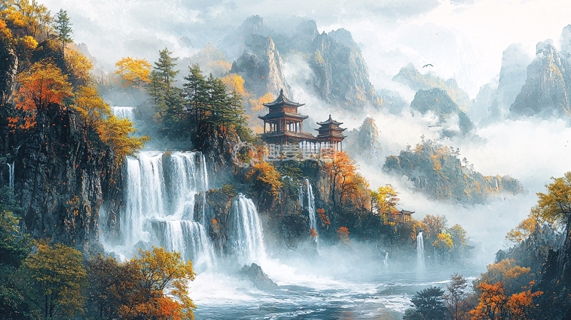 高清大图下载【趣麦麦图】秋季山水画风场景