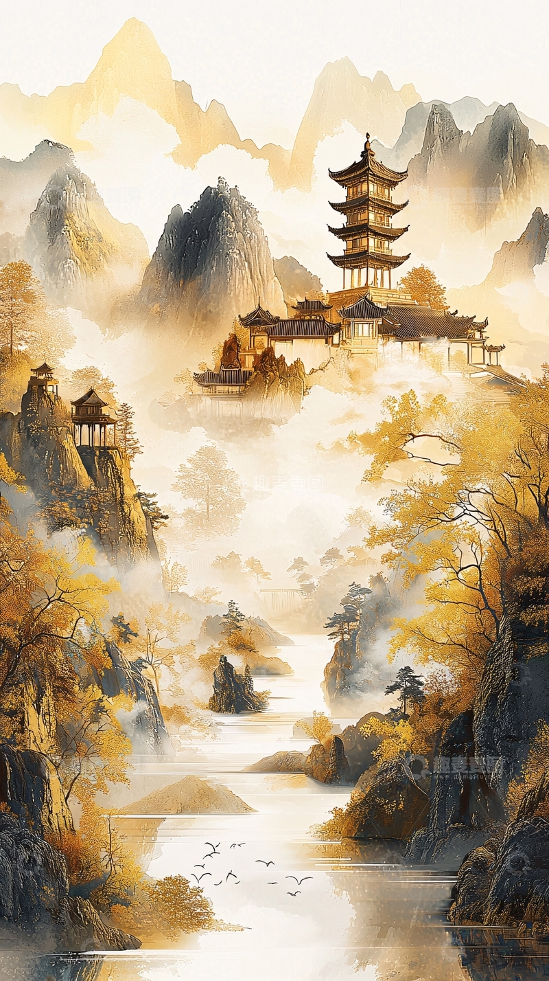 高清大图下载【趣麦麦图】金色水墨山水楼阁风景画