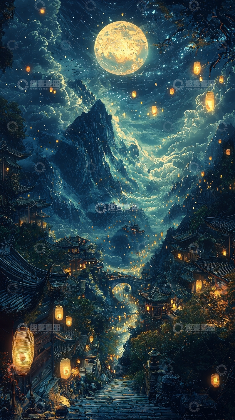 高清大图下载【趣麦麦图】梦幻山村夜景