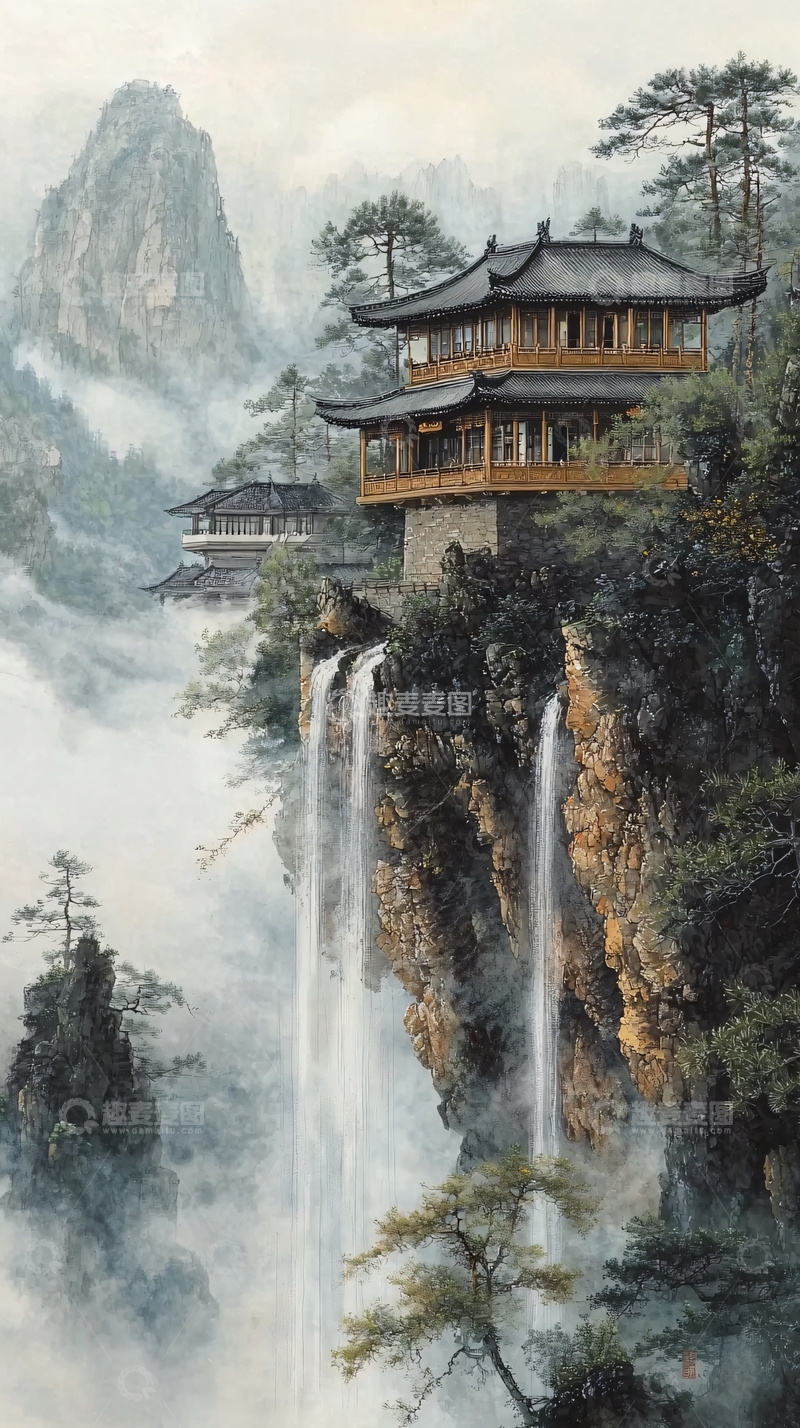 高清大图下载【趣麦麦图】悬崖上的中式楼阁瀑布云雾缭绕