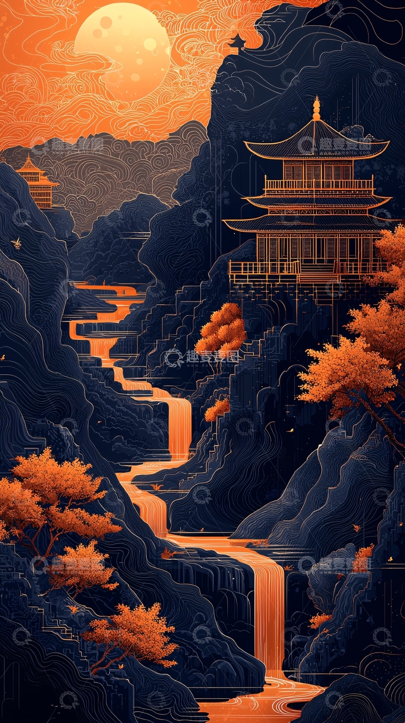 高清大图下载【趣麦麦图】山间寺庙瀑布月亮唯美景色