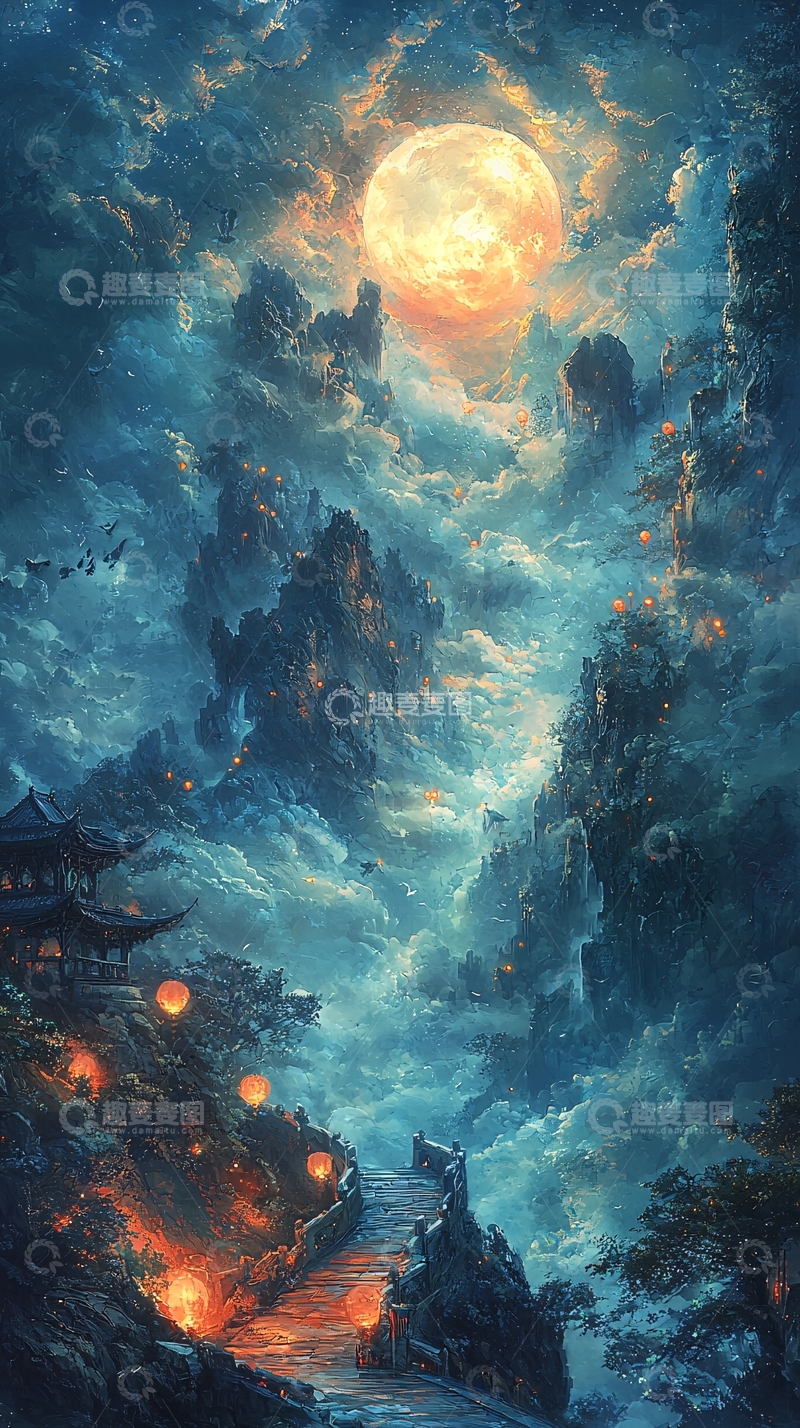 高清大图下载【趣麦麦图】月夜山水水墨风格